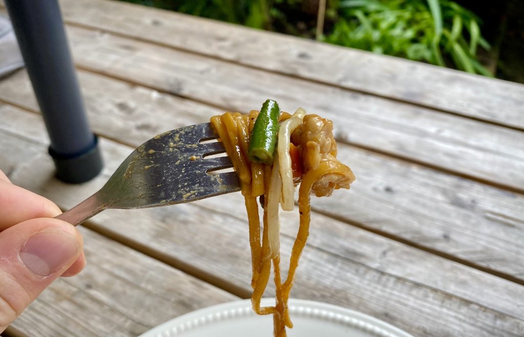 Chicken Chow Mein's noodles wrapped around a fork in mid-air.