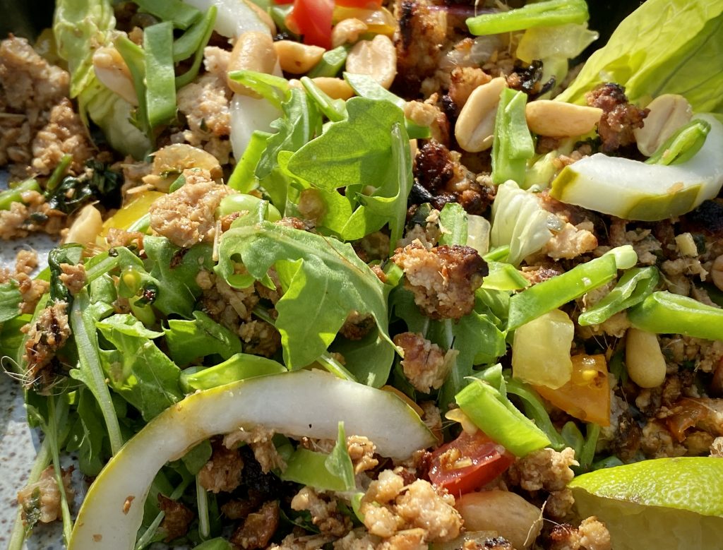 A close-up of a lab, showing the variety of ingredients including minced pork, rocket, pickled cucumber, peanuts and mange tout.