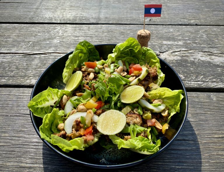 A larb salad on a black plate, next to a Laotian cocktail stick flag on a wooden table.